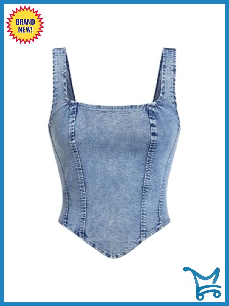 Denim Corset Tank Top Asymmetrical Hem Crop Top Sleeveless Zip Up Back Tank